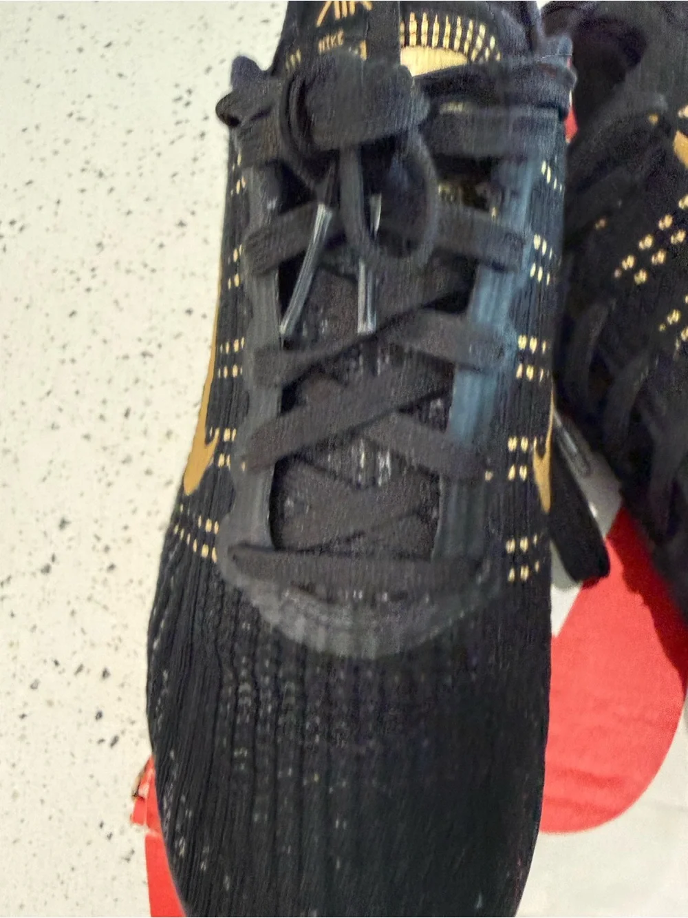 Women’s Sz 7 Nike Black Knit Shoes with Gold Swoosh